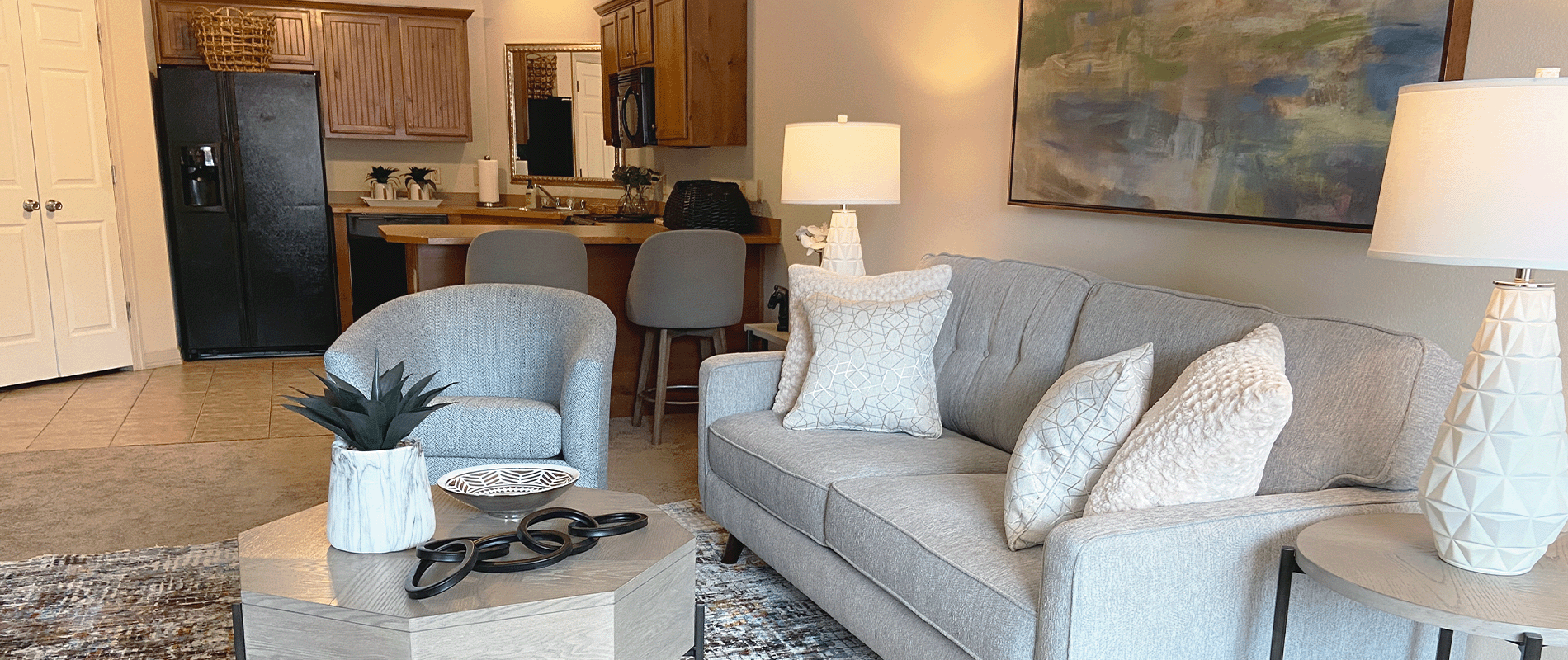 a living room with a couch and a coffee table